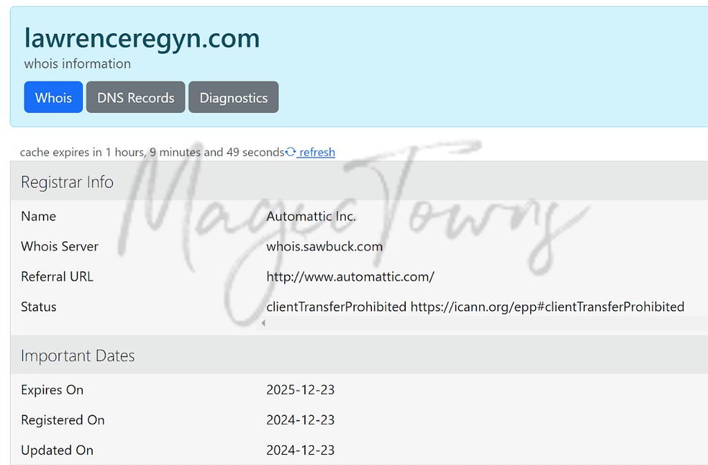 Example of a property scam website, registered just days before posting a number of scams.