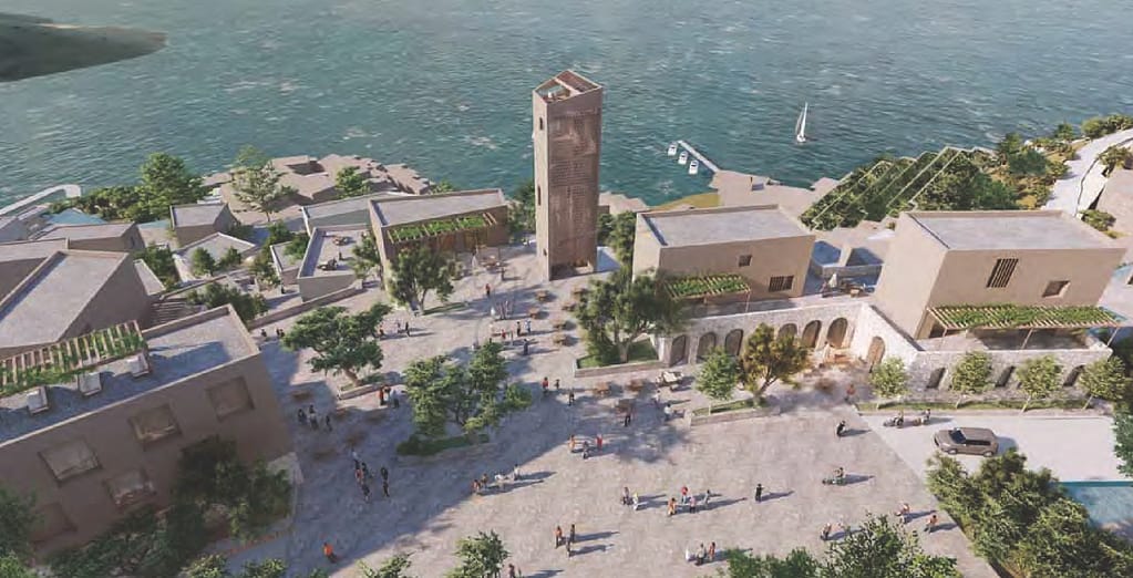 render of open space in front of sea with tower and buildings next to it