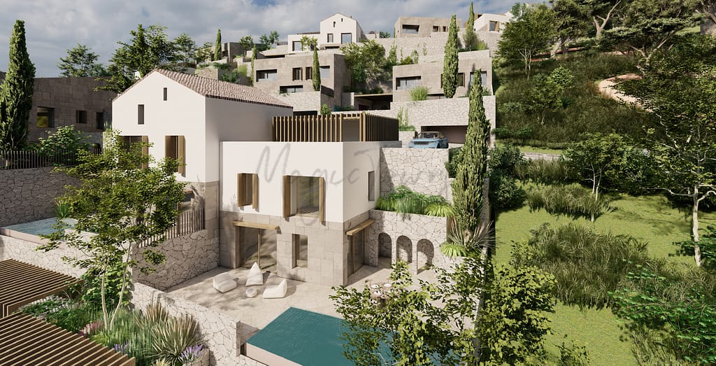 render of villas with greenery and infinity pools