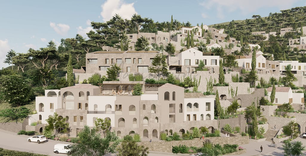 render of white/beige villas with greenery