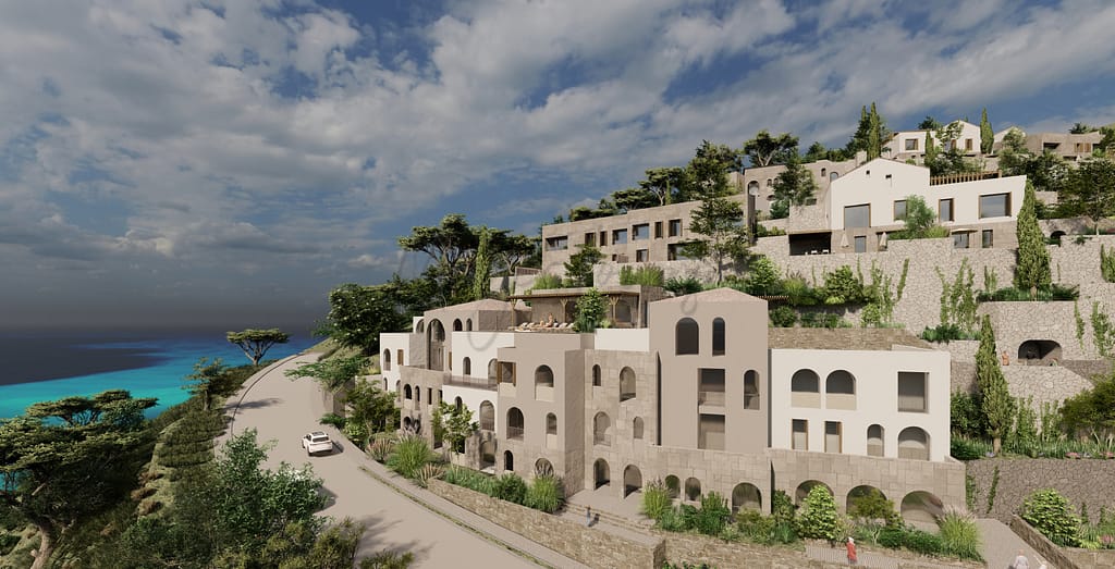 render of albanian villas overlooking the sea and road