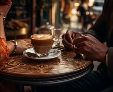 Primo piano delle mani intorno al tavolo del caffè in Italia
